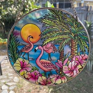 Amia Glass collectible Suncatcher Flamingo Bay 6.5" Round stained glass.